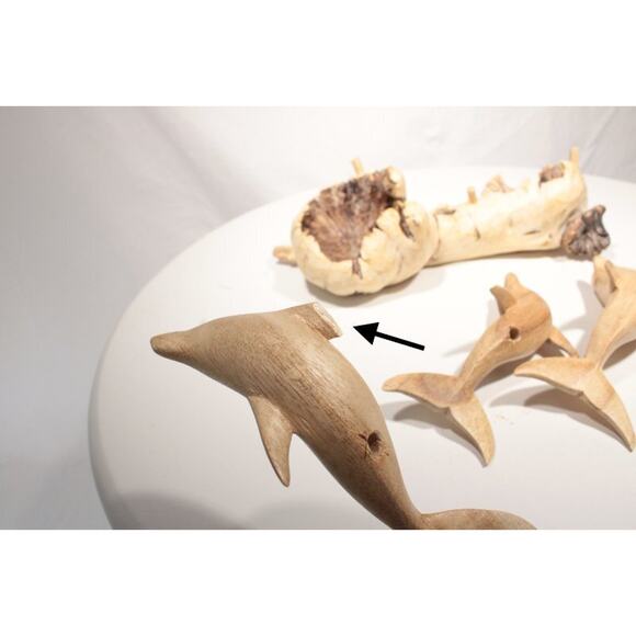 Hand Carved Dolphins Figures on Driftwood Art Beach Coastal Cabin Decor - Picture 2 of 12